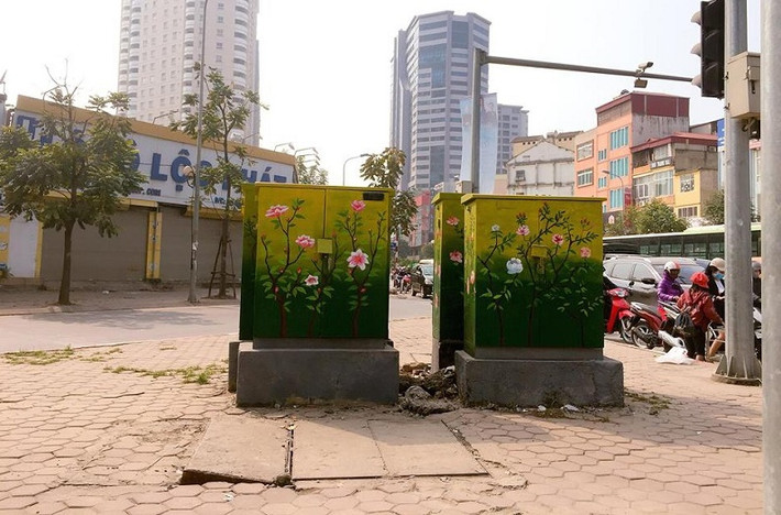 Những ngày Tết, người dân Hà Nội đi trên các tuyến phố như Khuất Duy Tiến, Tràng Thi không khỏi bất ngờ với những bốt điện cũ được "khoác áo mới" bằng những bức vẽ hoa đào, hoa sen.