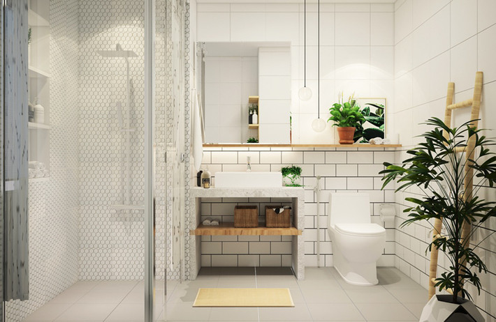 Gạch khảm hình lục giác bao phủ khu vực tắm.