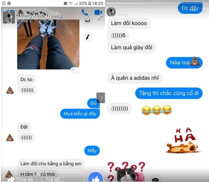 Mua được đôi giày hot nhất nhì thời điểm hiện tại, anh chàng liền chụp ảnh khoe với đàn anh Xuân Trường và rủ rê mua đôi. Trên story instagram, Xuân Trường đăng tải đoạn tin nhắn chèo kéo của tiền đạo Văn Toàn.