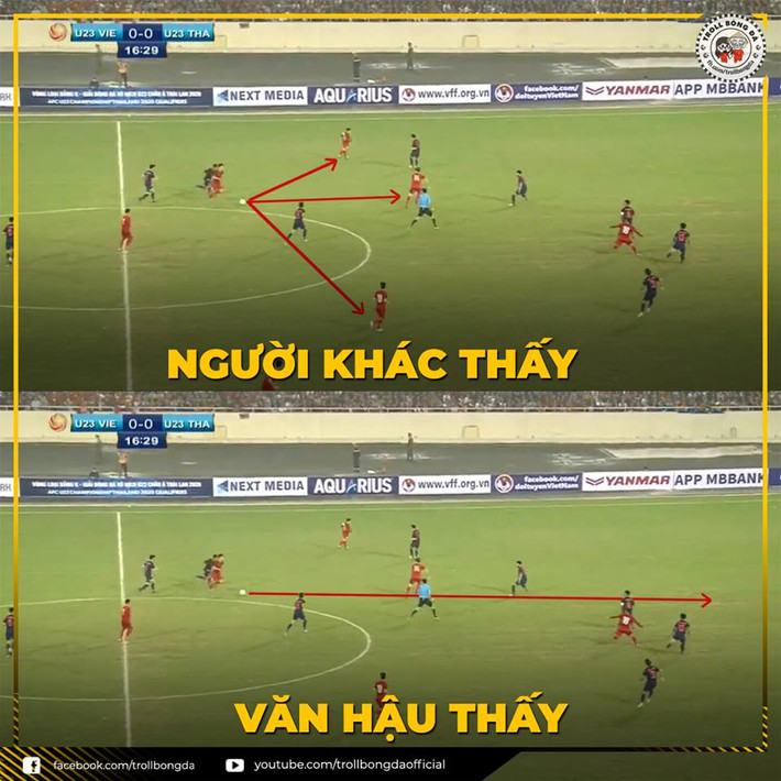 Cách mà mọi người thấy và Văn Hậu thấy trong bàn thắng mở tỷ số của U23 Việt Nam trước Thái Lan.