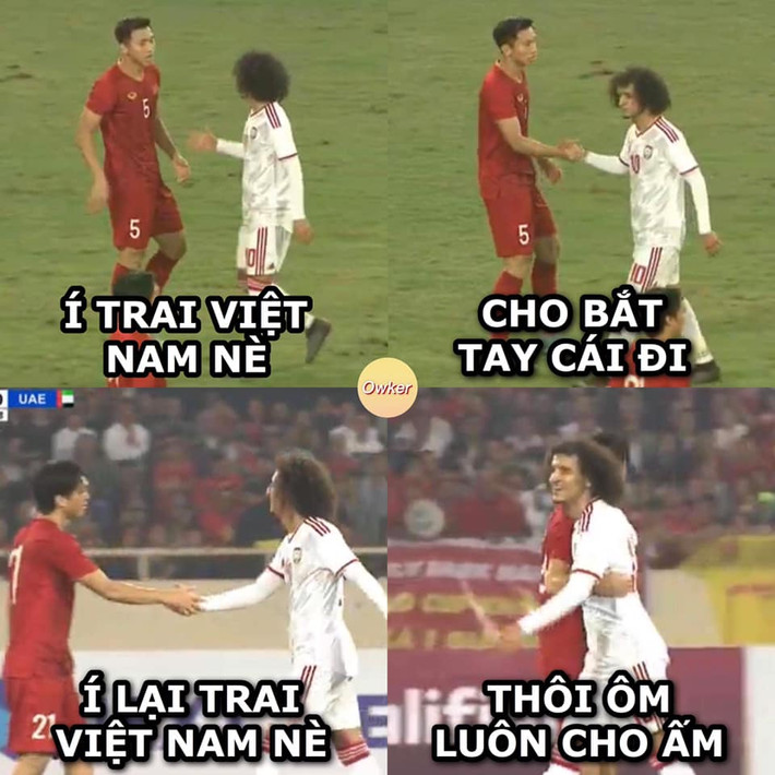 Chỉ vì là trai Việt Nam thân thiện, mến khách nên các cầu thủ UAE liên tục muốn ôm.