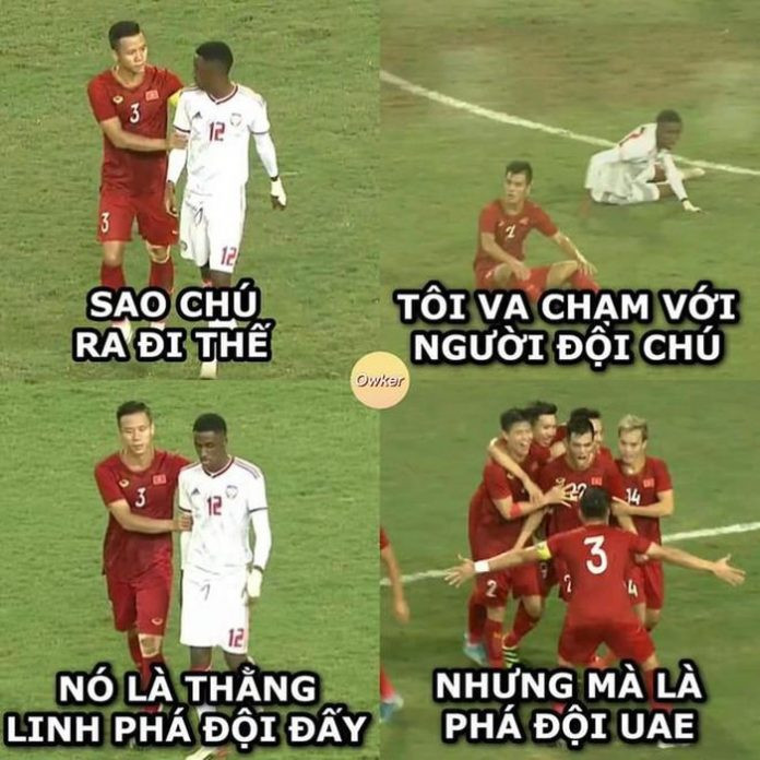 Sau khi phạm lỗi với Tiến Linh, cầu thủ số 12 của UAE nhận thẻ đỏ trực tiếp và Hải Quế đã lại an ủi và đây cũng là nguồn cơn để CĐM cho ra bức ảnh chế sau trận thắng của đội tuyển Việt Nam.