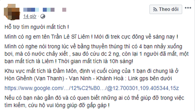 Trong lúc bơi thuyền thúng, 4 người trong nhóm phượt thủ nhảy xuống bơi không may gặp dòng nước chảy xiết. Người dân địa phương sau đó kịp thời cứu 2 người đưa lên bờ, 2 người bị nước cuốn đi. Sự việc khiến 1 người tử vong, 1 người mất tích,