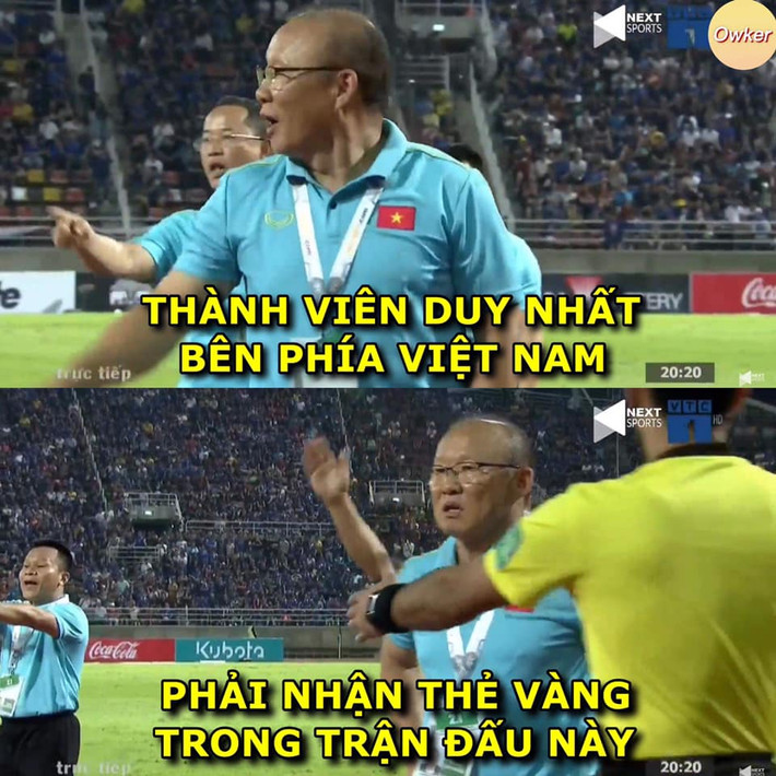 Ảnh chế bóng đá tuần qua xoay quanh trận đấu giữa đội tuyển Việt Nam và Thái Lan tại vòng loại World Cup 2022. Khi trong sân, các cầu thủ không ai nhận thẻ vàng thì chiếc thẻ duy nhất được vị trọng tài Qatar rút ra lại dành cho người ngoài sân là HLV Park Hang-seo.