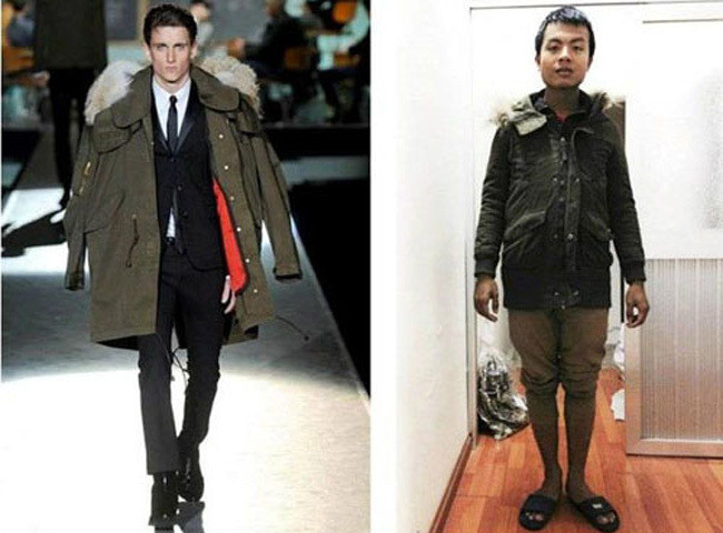 Anh chàng người mẫu nọ cao to còn anh chàng mua hàng và mặc đồ thực tế thì khá mập và có vẻ hơi thấp. Nhưng khi cùng một bộ đồ mà 2 số phận, người khỏe khoắn, nam tính, lại phong cách còn người thì lại như đàn bà con gái mặc jum, vừa rộng vừa dài đến là buồn cười.