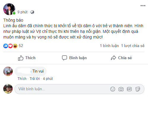 Thậm chí, nhiều dân mạng còn chia sẻ link bài viết của các báo về việc khởi tố ông Nguyễn Hữu Linh với hành động sàm sỡ gây ra với bé gái 9 tuổi. CĐM phản ứng rằng, đây là hành động hoàn toàn chính xác, pháp luật phải thực hiện răn đe kẻ tội đồ nghiêm minh để làm gương.