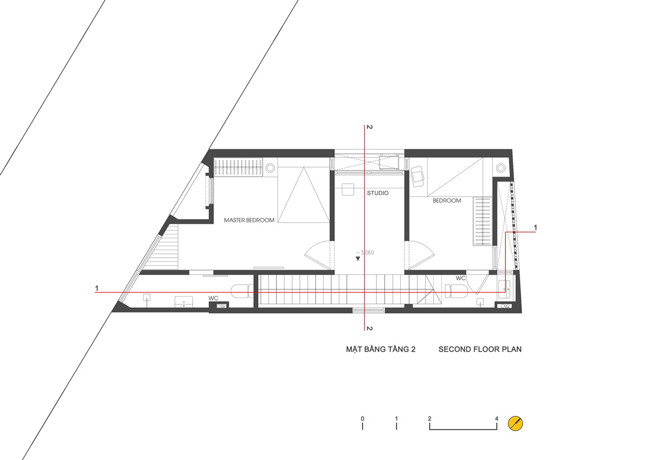 Bản vẽ mặt bằng tầng 2. Ngôi nhà được tạp chí kiến trúc ArchDaily đánh giá cao bởi thiết kế không gian sống thoải mái, rộng rãi trên một mảnh đất “khó”.