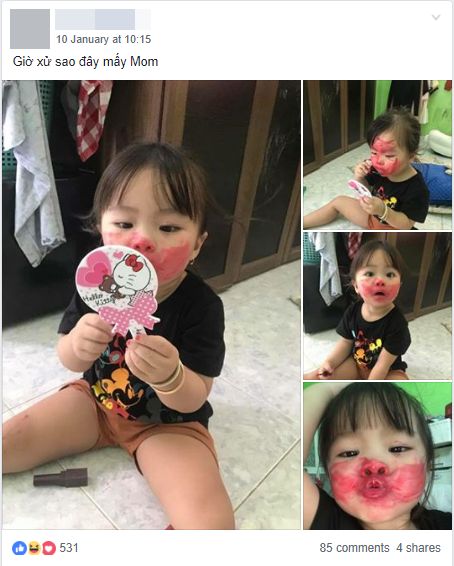 Trẻ con đang tuổi hiếu động, nên chỉ cần cha mẹ lơ là một chút là các bé sẽ nhanh chóng lần sờ, lục tung đồ đạc trong gia đình. Mới đây, hình ảnh "tên giặc nhỏ" đã phá nát thỏi son của mẹ thu hút được nhiều dân mạng chú ý.