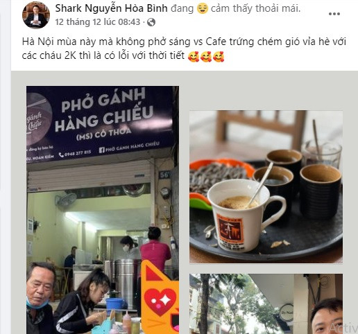 Mới đây, nhiều người tỏ ra bất ngờ khi Shark Bình tiết lộ một buổi sáng bình dị bắt đầu từ việc ngồi cà phê vỉa hè, ăn phở lề đường. Ảnh chụp màn hình