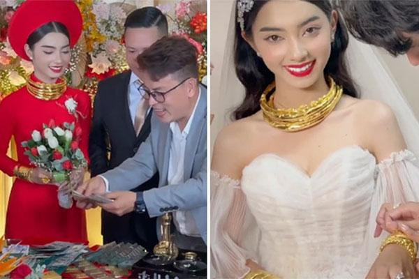 Tháng 11 vừa qua, dân mạng lại được phen "hoa mắt" trước clip quà cưới "khổng lồ" là kiềng vàng trĩu cổ, nhẫn vàng và hàng trăm triệu tiền mặt. Ảnh chụp màn hình