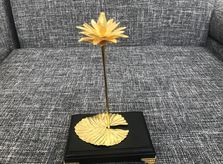 Khách đặt hàng là một đại gia đến từ Hà Nội. Vị đại gia này muốn dành tặng bông hoa súng đúc vàng như một món quà đặc biệt gửi tới người vợ của mình.