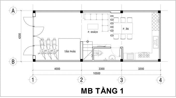 Sơ đồ mặt bằng tầng 1 của ngôi nhà ống 3 tầng.