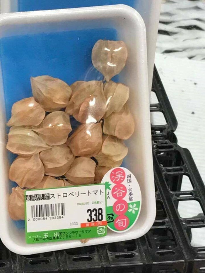 Một khay quả tầm bóp được đóng gói theo trọng lượng 100gr, bán với giá 338 Yên Nhật, tương đương khoảng 70.000 đồng. Ảnh: FB Mai Anh.