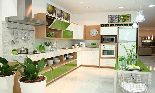 Khu bếp nhà ống thường khó lưu thông khí và thiếu ánh sáng, vì vậy một vài chậu cây xanh sẽ giúp hạn chế mùi thức ăn lưu lại trong phòng.