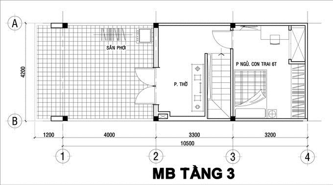 Phòng ngủ của bé trai 6 tuổi, phòng thờ và khoảng sân nhỏ phơi đồ trên tầng 3. Nguồn ảnh: Song Phát Construction.