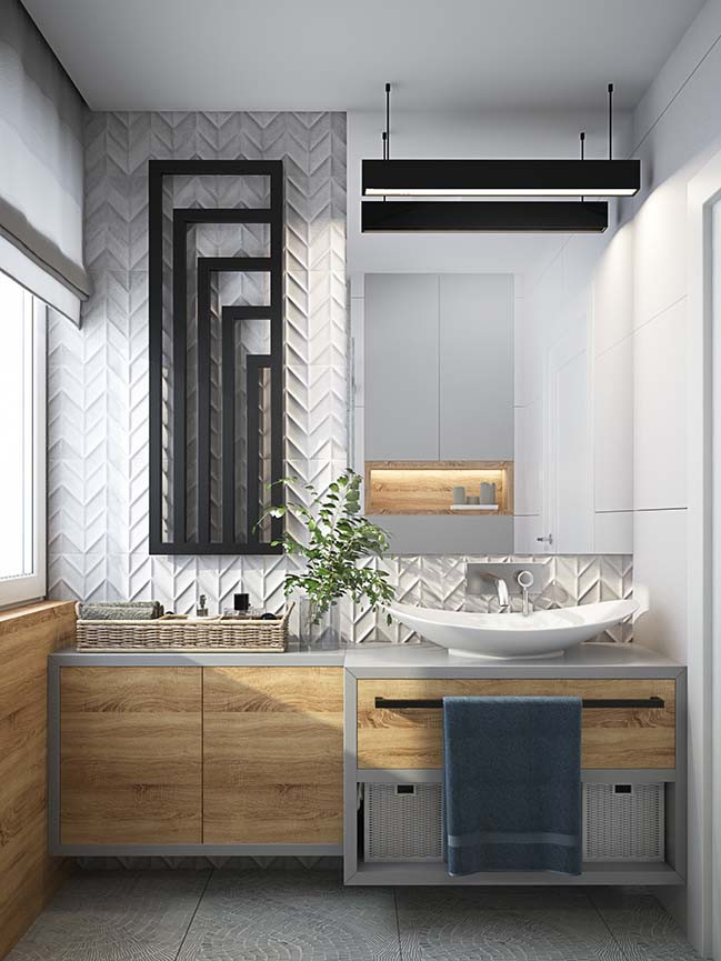 Thay vì ốp gạch men, tường gạch nổi 3D đang trở thành xu hướng trang trí phòng tắm 2018. Ảnh: Alonhadat.