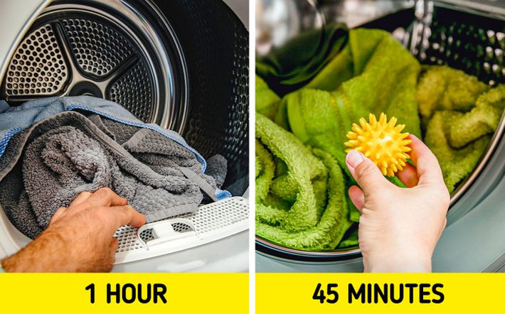 So với các thiết bị gia dụng khác, máy sấy tiêu tốn nhiều năng lượng nhất. Vì vậy, để tiết kiệm tiền điện mỗi tháng, có thể thêm một quả bóng len sấy vào. Quả bóng len hấp thụ độ ẩm giúp toàn bộ quá trình khô kết thúc nhanh hơn.