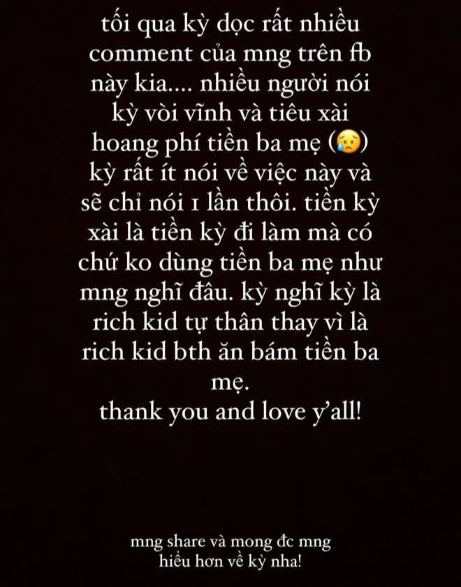 Có không ít ý kiến trái chiều trên mạng xã hội chỉ trích chuyện "rich kid" khoe mẽ, lấy tiền của bố mẹ tiêu xài hoang phí. Thế nhưng, Gia Kỳ cũng khẳng định mình là rich kid tự thân thay vì là rich kid ăn bám tiền ba mẹ. Ảnh: FBNV.