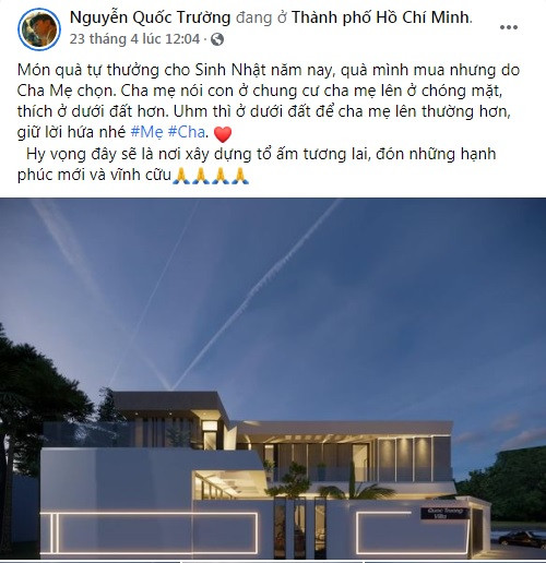 Cách đây ít ngày, trên trang cá nhân, nam diễn viên Quốc Trường khiến nhiều người trầm trồ khi đăng tải loạt hình ảnh về căn villa mới tự thưởng cho bản thân. Ảnh: chụp màn hình