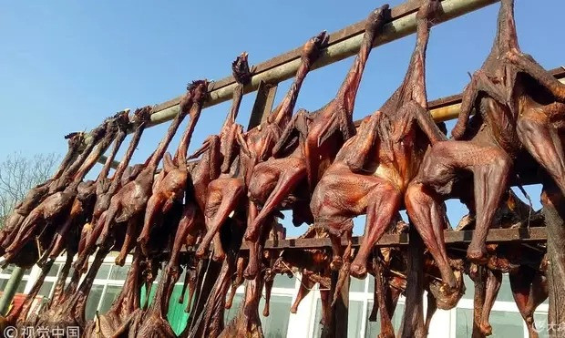 Sau cùng, đầu bếp sẽ vặt lông và khéo léo khâu con gà lại và treo chúng lên giàn phơi. Ảnh: Baidu