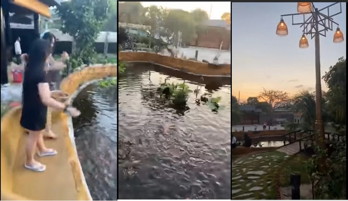 Cơ ngơi này nằm trên một vùng đất rộng lớn, từ cổng vào nhà sẽ đi qua một cây cầu có hồ nước rộng bao quanh. Ảnh chụp màn hình