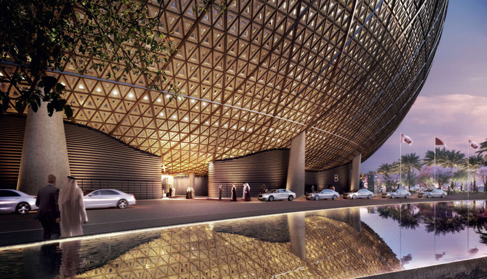 Mặt tiền sân vận động Lusail thiết kế cầu kỳ thể hiện sự tiên tiến hàng đầu về kỹ thuật lắp đặt và kỹ thuật xây dựng. Ảnh: BI