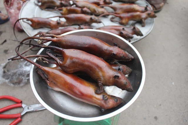 Những con chuột thui rơm, màu nâu đen được bày bán ở chợ Canh Nậu với giá từ 100.000 – 120.000 đồng/kg. Ảnh: Dân Việt