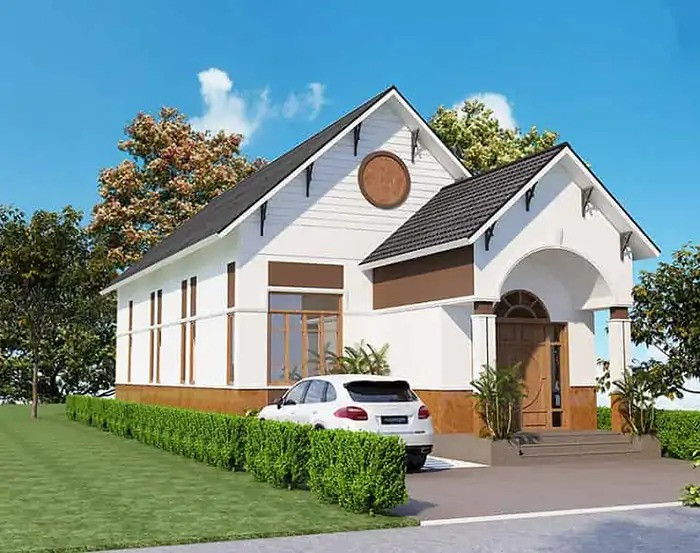 Nhà cấp 4 mái thái nổi bật với những đường nét khoẻ khoắn, vuông vắn tạo nét bề thế. Ảnh: Namidesign