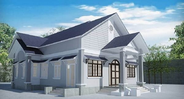 Nhà cấp 4 gác lửng hiện đại sử dụng tông màu xám ghi chủ đạo. Phần mái thái giật cấp chữ A và cửa sổ kính có thêm mái bên trên tránh được tình trạng hắt mưa. Ảnh: Quatest2