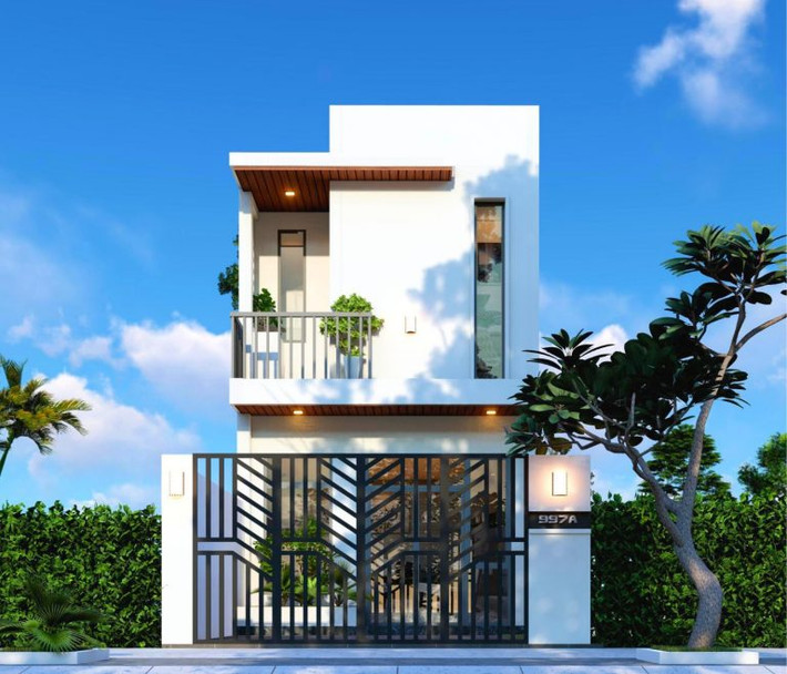 Nhà phố 2 tầng mái bằng hiện đại nổi bật với gam màu trắng chủ đạo. Ưu điểm nhà mái bằng là dễ dàng cải tạo xây thêm tầng khi có nhu cầu. Ảnh: Nhadepktv