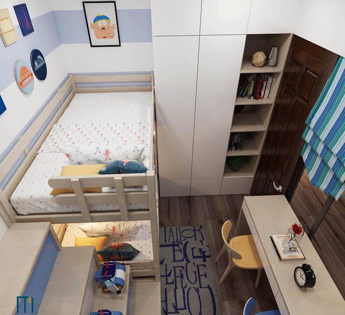 Bàn học trong phòng ngủ của con view ra cửa kính lớn nhìn ra phòng khách để hứng ánh sáng. Trước đó phần cửa kính này là bức tường nhưng đã được đập đi thay bằng cửa kính để căn phòng trông rộng rãi.