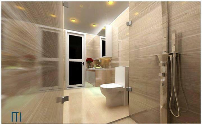 Nhà vệ sinh được lát nền và ốp gạch tường sáng bóng để mang đến cảm giác rộng rãi, sạch sẽ.