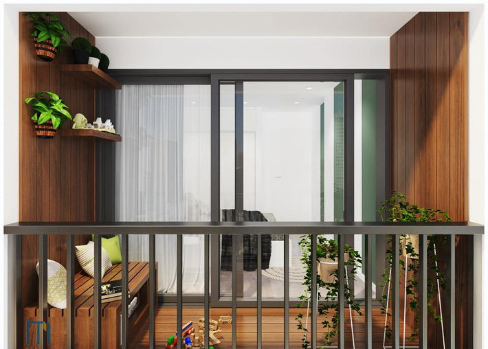 Ban công phòng ngủ chính được đặt một chiếc ghế gỗ, vài chiếc gối tựa và 1-2 chậu cây cảnh để gia chủ khi rảnh có thể ngồi uống cafe hay đọc sách thư giãn.