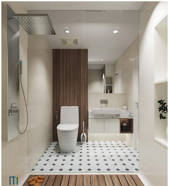 Cận cảnh phòng tắm sạch sẽ, sáng sủa.