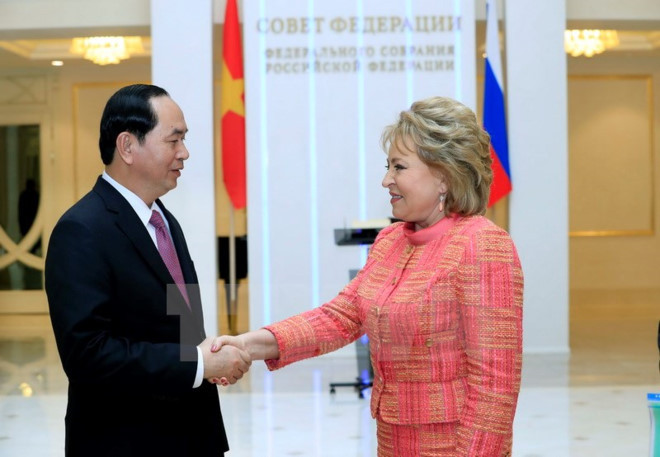 Chiều 28/6, Chủ tịch nước Trần Đại Quang đã có cuộc hội kiến với Chủ tịch Hội đồng Liên bang Nga (Thượng viện) Valentina Matvienko tại Moscow. Ảnh: Nhan Sáng/TTXVN