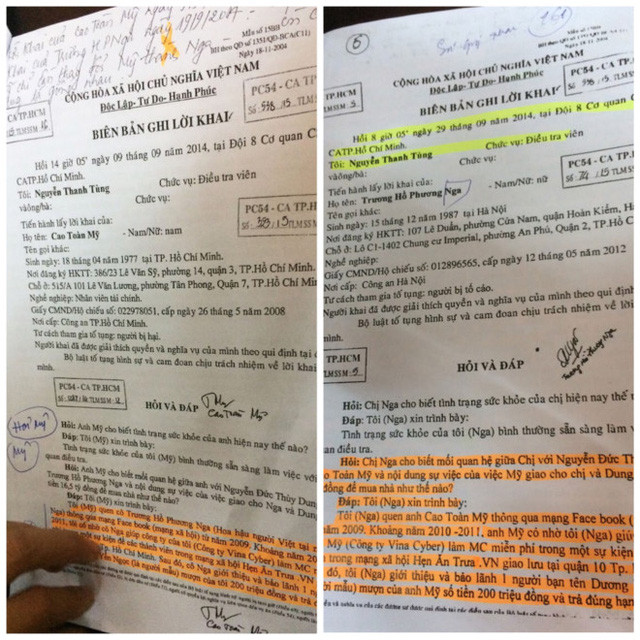 Biên bản ghi lời khai của Phương Nga vào ngày 29/9/2014 (bên phải) và biên bản ghi lời khai của Cao Toàn Mỹ (bên trái) ngày 9/9/2014, đây được xem là chứng cứ mới của vụ án. Ảnh: Giadinhvietnam.