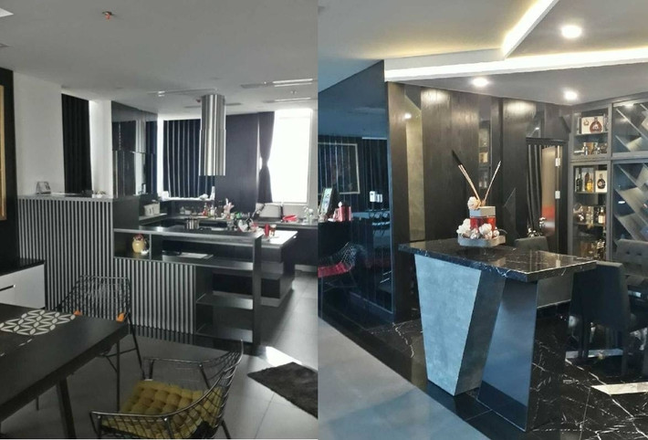 Căn hộ của Hoàng Thuỳ Linh có màu xám chủ đạo, không gian được đính nhiều đèn cảm giác ấm áp. Ảnh: FBNV