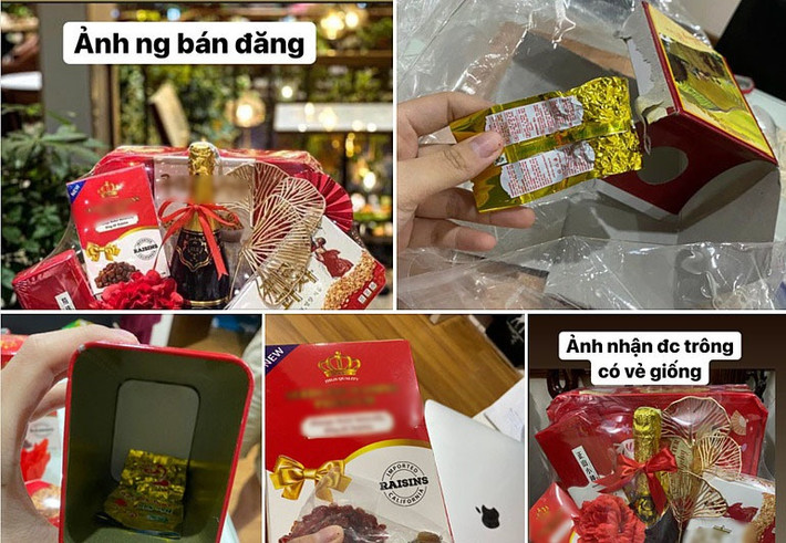 Trên mạng xã hội, rất nhiều tình huống khi mở giỏ quà Tết ra, gia chủ phải ngỡ ngàng vì bên trong chỉ có vỏn vẹn một túi nhỏ. Ảnh: FB T.T