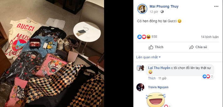 Cách đây ít giờ, trên trang cá nhân Hoa hậu Mai Phương Thúy chia sẻ loạt đồ hiệu mới sắm, gồm jacket, T-shirt, giày, kính mắt...