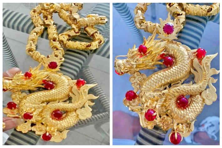 Đồ trang sức bằng vàng của anh Lợi nổi bật nhất là chiếc dây chuyền đúc hình rồng khoảng 7 lượng vàng, vòng tay rồng hổ đính đá khoảng 20 lượng. Ảnh: Vietnamnet