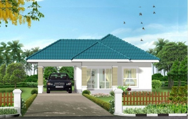Nhà mái thái nhỏ xinh 40m2 nổi bật với tường trắng và mái xanh lơ. Ảnh: Thietkethicongnhadep.