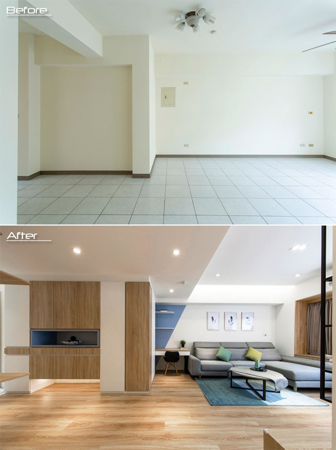 Bức tường trống trơn trong căn hộ cũ được thay thế bằng tủ gỗ và kệ trang trí.