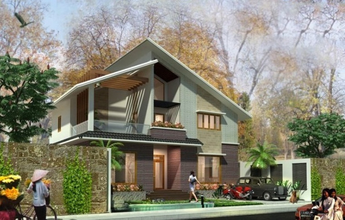 Mẫu nhà 2 tầng đẹp nhẹ nhàng với sự kết hợp của hai gam màu socola và bạc. Mặt tiền thiết kế mở cũng là điểm nhấn trong kiến trúc. Ảnh: Kientaoviet.
