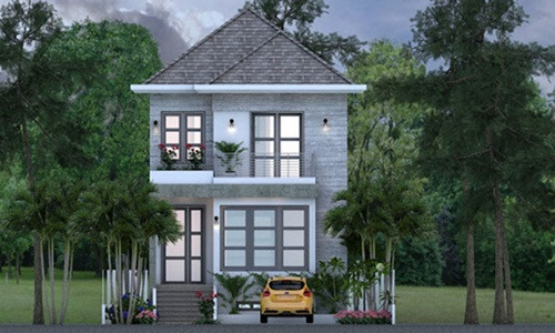 Mẫu nhà phố 2 tầng 6x10m sử dụng mái Âu kiểu kim tự tháp mang tới vẻ đẹp sang trọng, đồ sộ. Ảnh: Arcviet.