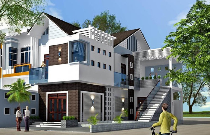 Nhà 3 tầng mái lệch sử dụng lan can kính và phần tường sảnh cầu thang ngoài kẻ chỉ hai màu trắng đen nổi bật. Ảnh: Kientrucvietas.