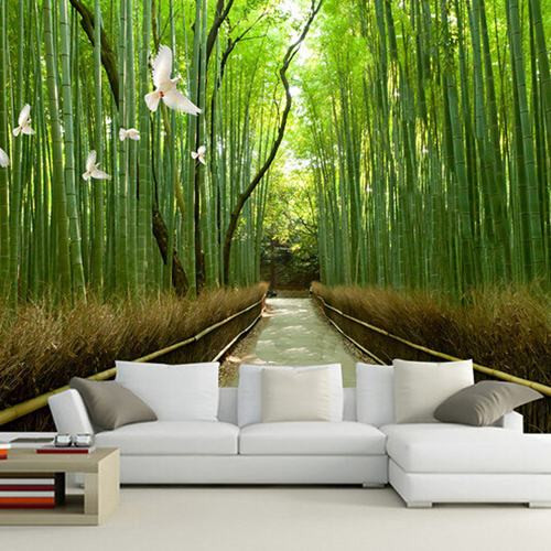 Giấy dán tường phòng khách đẹp hút mắt với khung cảnh rừng trúc xanh mướt, đàn chim bay lượn. Ảnh: Bindo.