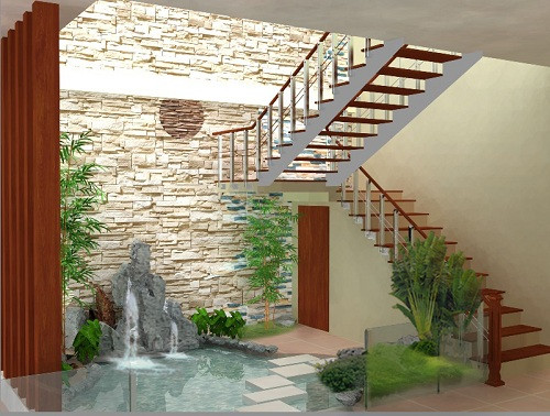 Tiểu cảnh vườn thiết kế thêm giàn cây treo với đủ màu sắc góp phần cho kiến trúc nhà thêm xinh.