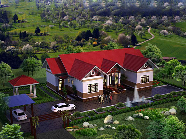 Mẫu nhà vườn phù hợp với diện tích đất lớn, phong cảnh đẹp mắt. Ảnh: Thietkenhaxinh.