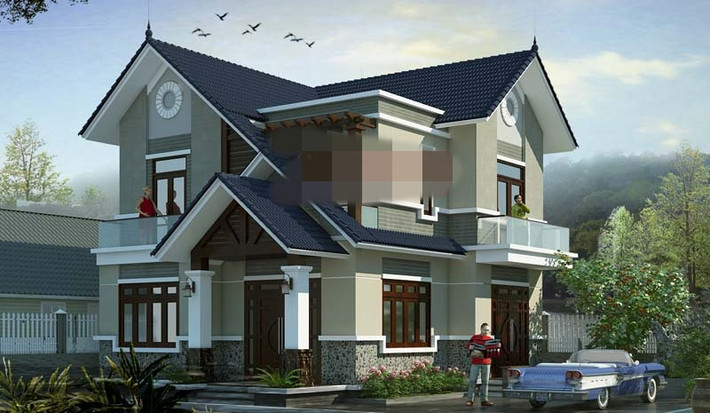 Nhà 2 tầng mái dốc không chỉ có giá trị về mặt thẩm mỹ mà còn giúp cách nhiệt và chống thấm tốt. Ảnh: Angcovat.
