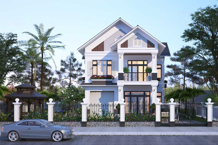 Biệt thự mái ngói dành 5m phía trước cho khu tiểu cảnh sân vườn và đậu xe. Ảnh: Neohouse.